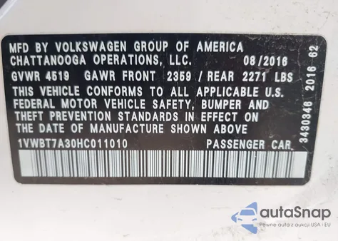 2017 Volkswagen Passat Se z USA, uszkodzony, nr VIN 1VWBT7A30HC011010